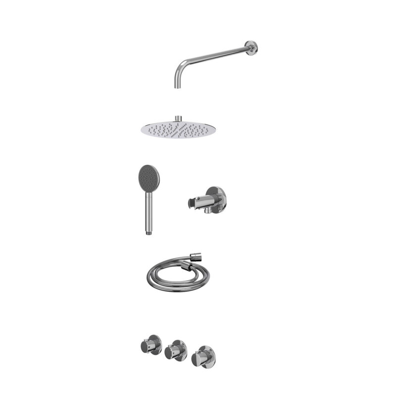 Winkelwagen 23 Excl. inbouwbox regendoucheset inbouwthermostaatkraan met 2 vaste stopkranen symmetry, wandarm, R25cmSL, houder met uitlaat, doucheslang 150cm en satin spray handdouche