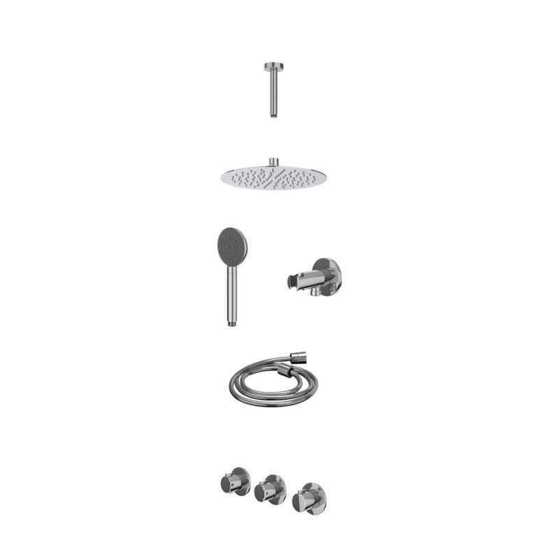 Winkelwagen 22 Excl. inbouwbox regendoucheset inbouwthermostaatkraan met 2 vaste stopkranen symmetry, plafondbuis 15cm, R25cmSL, houder met uitlaat, doucheslang 150cm en satin spray handdouche