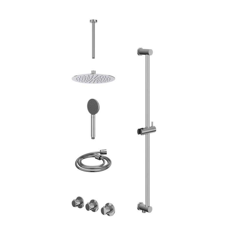 Winkelwagen 16 Excl. inbouwbox regendoucheset inbouwthermostaatkraan met 2 vaste stopkranen symmetry, plafondbuis 30cm, R25cmSL, glijstang met uitlaat, doucheslang 150cm en satin spray handdouche