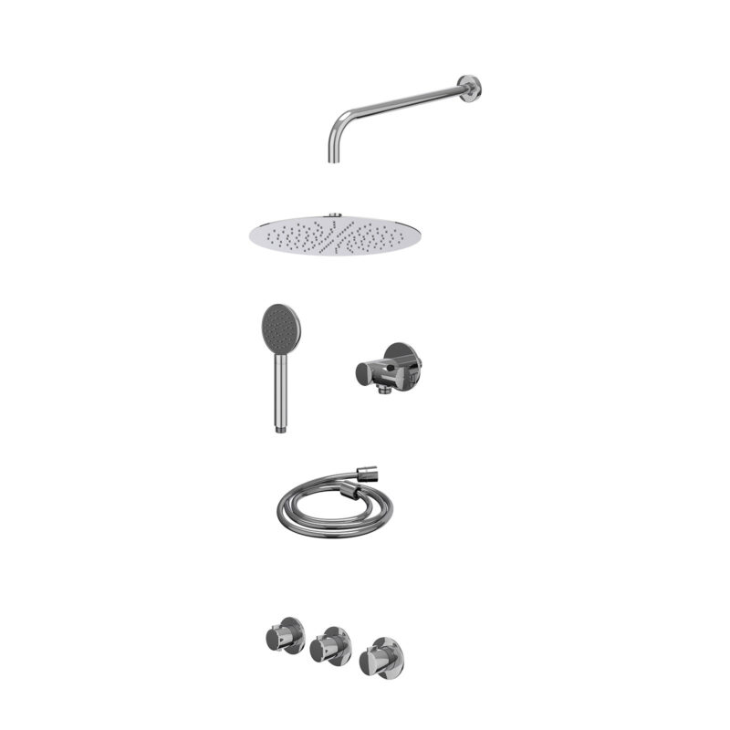 Excl. inbouwbox regendoucheset inbouwthermostaatkraan met 2 vaste stopkranen symmetry, wandarm, R30cmSL, verstelbare steun met geïnt. uitlaat, doucheslang 150cm en satin spray handdouche
