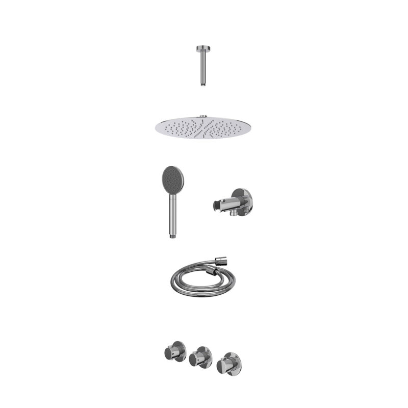 Excl. inbouwbox regendoucheset inbouwthermostaatkraan met 2 vaste stopkranen symmetry, plafondbuis 15cm, R30cmSL, houder met uitlaat, doucheslang 150cm en satin spray handdouche