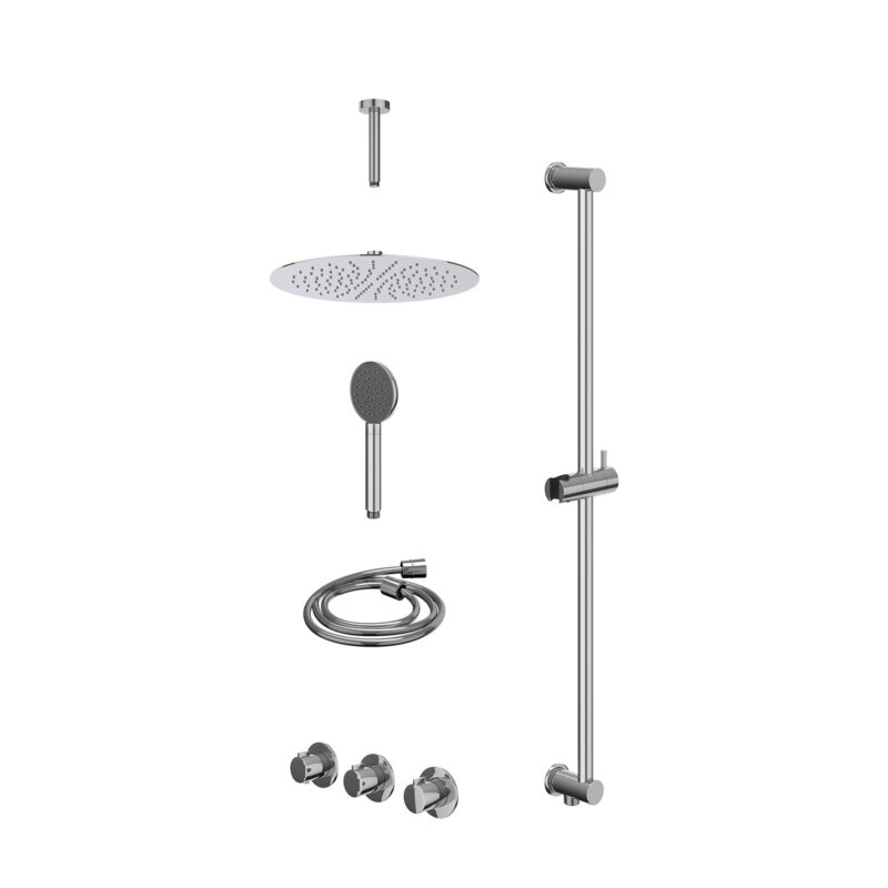 Winkelwagen 8 Excl. inbouwbox regendoucheset inbouwthermostaatkraan met 2 vaste stopkranen symmetry, plafondbuis 15cm, R30cmSL, glijstang met uitlaat, doucheslang 150cm en satin spray handdouche