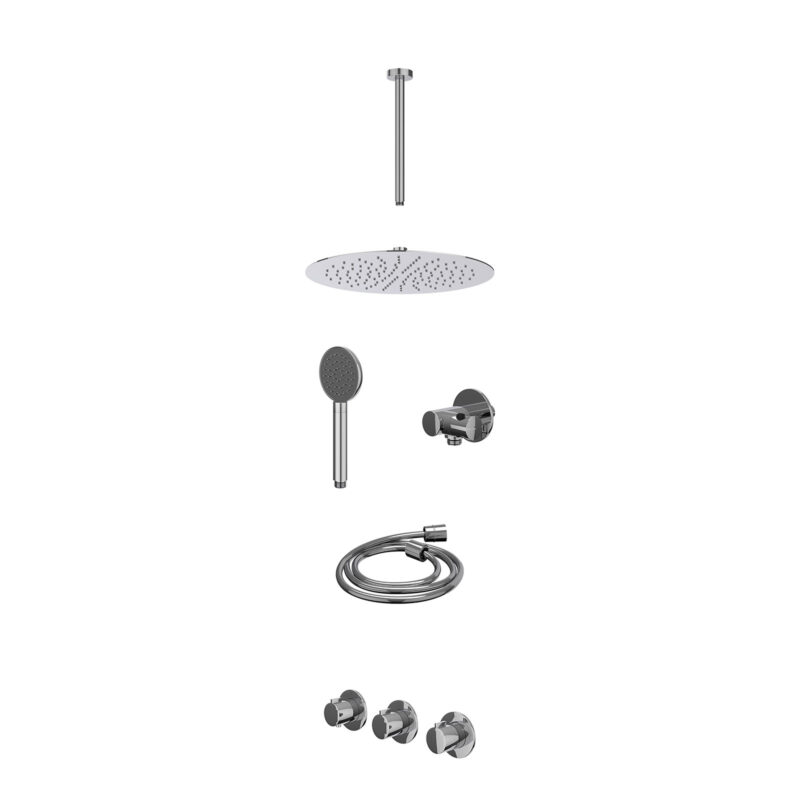 Excl. inbouwbox regendoucheset inbouwthermostaatkraan met 2 vaste stopkranen symmetry, plafondbuis 30cm, R30cmSL, verstelbare steun met geïnt. uitlaat, doucheslang 150cm en satin spray handdouche