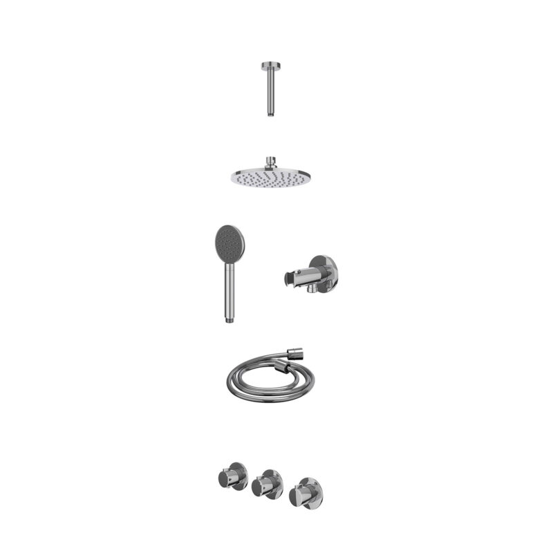Winkelwagen 3 Excl. inbouwbox regendoucheset inbouwthermostaatkraan met 2 vaste stopkranen symmetry, plafondbuis 15cm, R20cmME, houder met uitlaat, doucheslang 150cm en satin spray handdouche