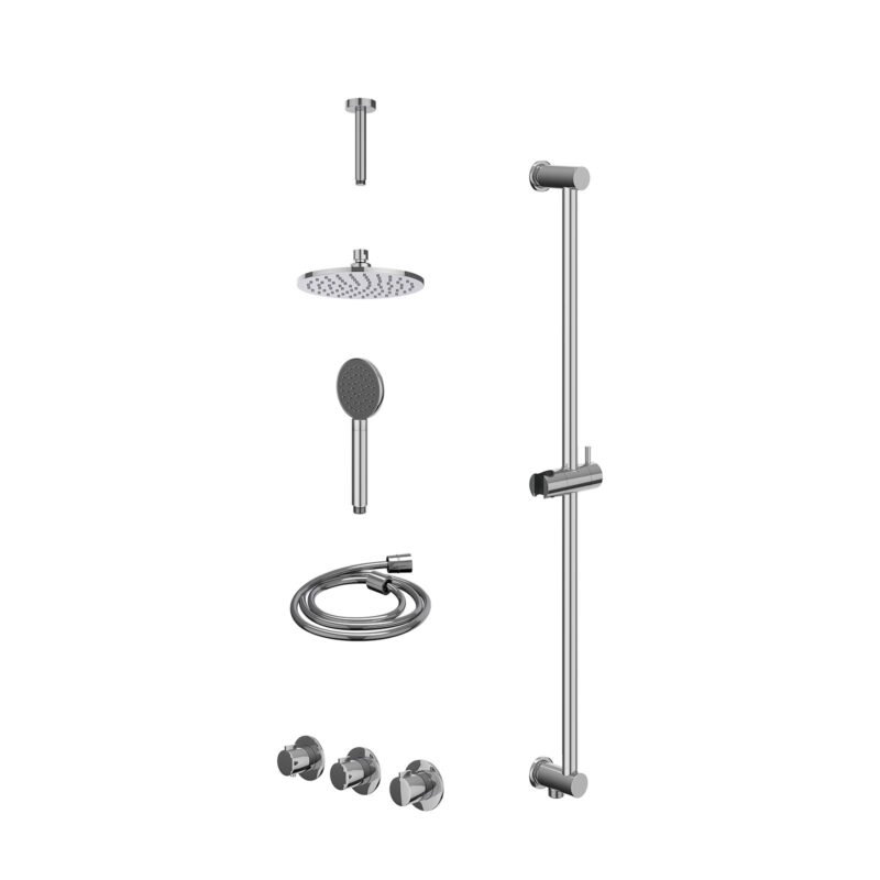 Excl. inbouwbox regendoucheset inbouwthermostaatkraan met 2 vaste stopkranen symmetry, plafondbuis 15cm, R20cmME, glijstang met uitlaat, doucheslang 150cm en satin spray handdouche