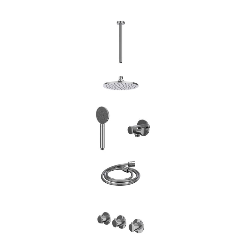 Excl. inbouwbox regendoucheset inbouwthermostaatkraan met 2 vaste stopkranen symmetry, plafondbuis 30cm, R20cmME, verstelbare steun met geïnt. uitlaat, doucheslang 150cm en satin spray handdouche