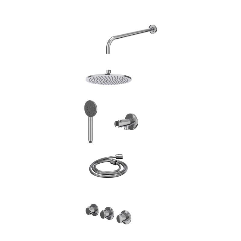 Excl. inbouwbox regendoucheset inbouwthermostaatkraan met 2 vaste stopkranen symmetry, wandarm, R25cmME, houder met uitlaat, doucheslang 150cm en satin spray handdouche
