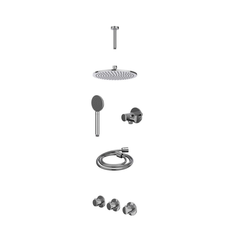 Excl. inbouwbox regendoucheset inbouwthermostaatkraan met 2 vaste stopkranen symmetry, plafondbuis 15cm, R25cmME, verstelbare steun met geïnt. uitlaat, doucheslang 150cm en satin spray handdouche
