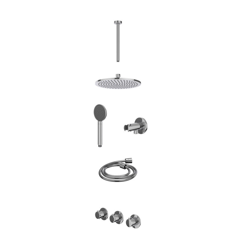 Excl. inbouwbox regendoucheset inbouwthermostaatkraan met 2 vaste stopkranen symmetry, plafondbuis 30cm, R25cmME, houder met uitlaat, doucheslang 150cm en satin spray handdouche