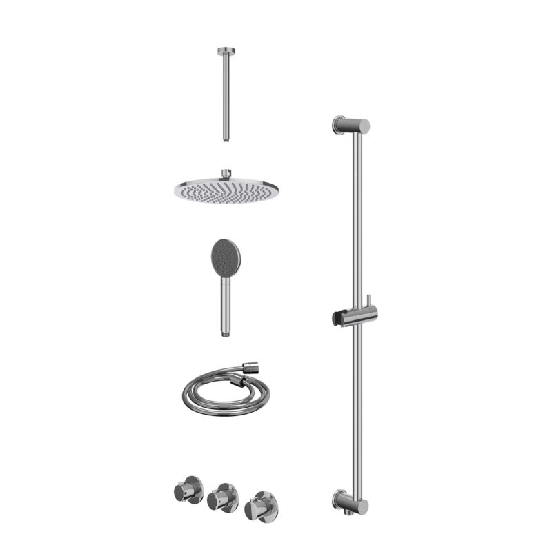 Winkelwagen 33 Excl. inbouwbox regendoucheset inbouwthermostaatkraan met 2 vaste stopkranen symmetry, plafondbuis 30cm, R25cmME, glijstang met uitlaat, doucheslang 150cm en satin spray handdouche