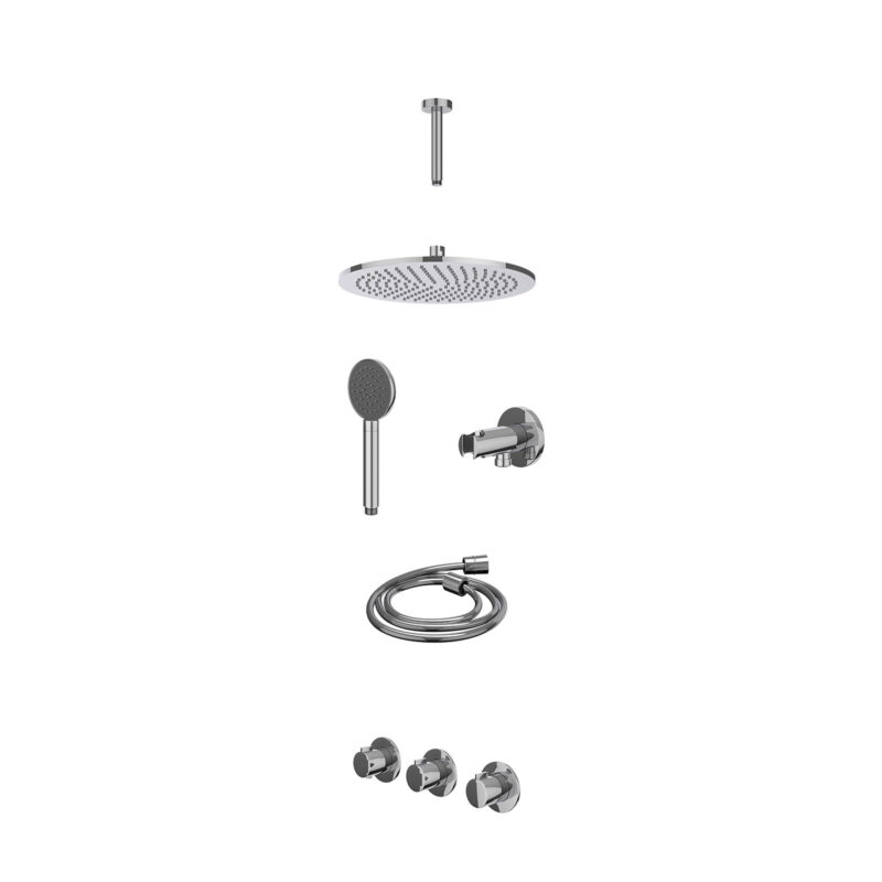 Excl. inbouwbox regendoucheset inbouwthermostaatkraan met 2 vaste stopkranen symmetry, plafondbuis 15cm, R30cmME, houder met uitlaat, doucheslang 150cm en satin spray handdouche