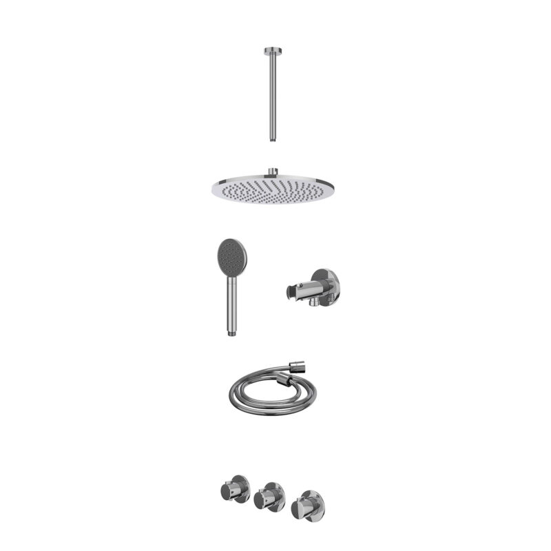 Excl. inbouwbox regendoucheset inbouwthermostaatkraan met 2 vaste stopkranen symmetry, plafondbuis 30cm, R30cmME, houder met uitlaat, doucheslang 150cm en satin spray handdouche