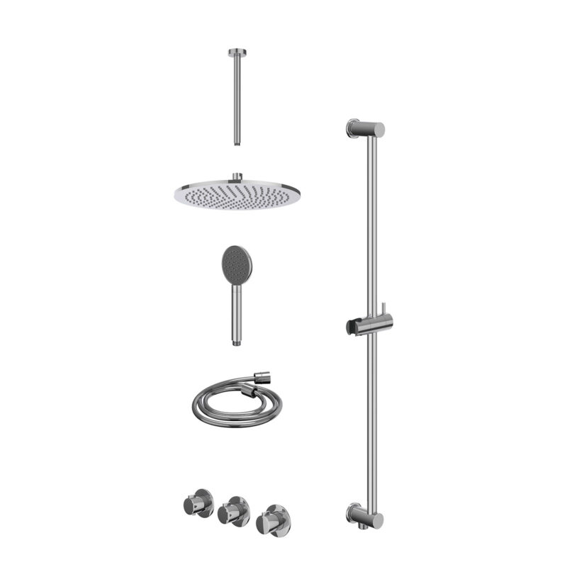 Excl. inbouwbox regendoucheset inbouwthermostaatkraan met 2 vaste stopkranen symmetry, plafondbuis 30cm, R30cmME, glijstang met uitlaat, doucheslang 150cm en satin spray handdouche